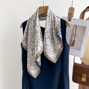 Elegant ivory silk square scarf with khaki rose print and dark brown contrast borders