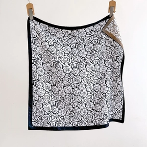 Elegant black and white silk square scarf with white rose floral print and black border