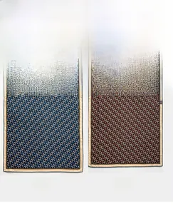 Detailed comparison showing both sides of a silk-wool square scarf with geometric patterns