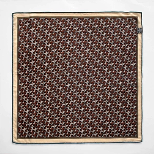 Elegant 100% wool square scarf with retro geometric pattern and dark green stitched edges