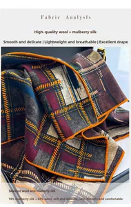 Detail of silk wool blend scarf with plaid pattern and orange hand-rolled edges