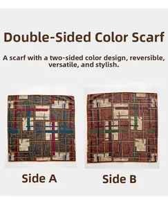 Detail showing the double-sided contrast color pattern of the silk wool plaid square scarf