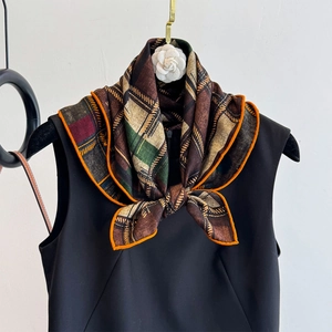 Women's Vintage Plaid Silk Wool Square Scarf Double Sided Contrast Color Printed Neck Scarf Shawl Lightweight Kerchief
