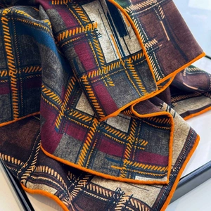 Double-sided silk wool square scarf featuring vibrant geometric plaid patterns and orange edges