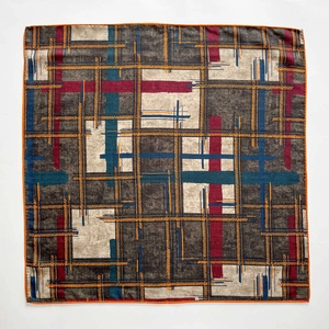 Retro plaid silk wool square scarf with geometric patchwork and orange stitched edges