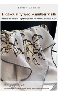 Detailed fabric analysis of printed silk wool scarf showing twill texture and drape