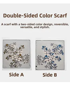 Detail view of double-sided silk wool square scarf with complex floral patterns