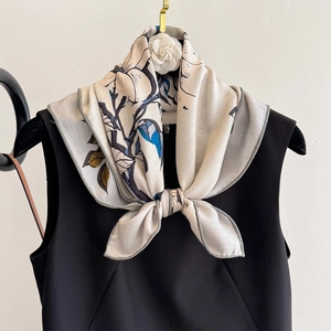 Elegant Silk Wool Blend Floral Print Square Scarf For Women Double Sided Fashion Necktie Versatile Neck Wrap Accessory