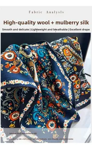 Detail von Seiden-Woll-Mischgewebe mit dunkelblauem Paisley-Muster und Texturanalyse