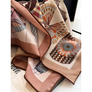 Elegant silk wool blend square scarf with herringbone texture and vintage floral patterns