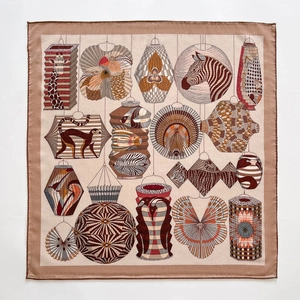 Silk wool square scarf with artistic animal lantern illustrations in warm earthy tones