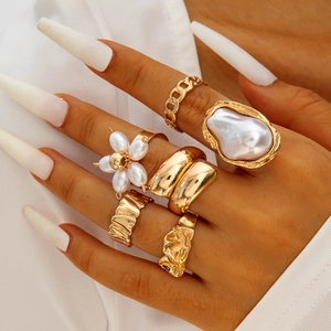 Alloy Imitation Artificial Pearl Rings Flower Hollow Geometric Bohemian Vintage Style Jewelry For Women