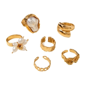 6pcs gold rings set featuring irregular pearls and hollow textured designs for women