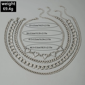 Four-piece silver layered necklace set with heart pendant and flat chunky Cuban chains