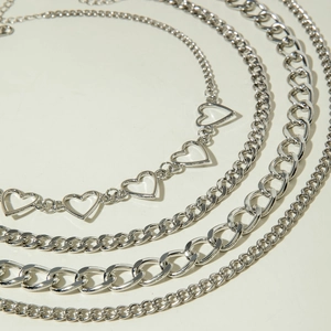 Layered silver hip-hop chunky Cuban chain necklace set with hollow heart charms