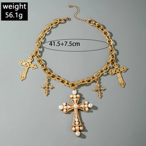 Collana hip hop vintage a catena grossa dorata con pendenti a croce e perle incastonate