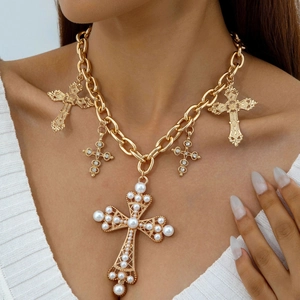 Collana Con Ciondolo A Croce Barocca Retrò Oro Lega Catena In Alluminio Con Künstliche Perle Sintetiche Strass Gioielli Hip Hop Esagerati