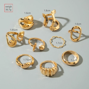 Detailed view of 9-piece gold geometric ring set with dimensions and weight measurements