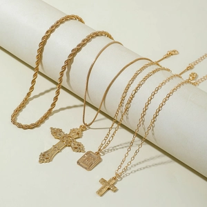 Layered gold cross necklaces with twisted chain and religious square pendant set
