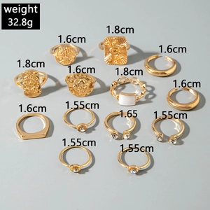 Detailansicht eines 12-teiligen Goldring-Sets mit Münzmotiven und geometrischen Mustern
