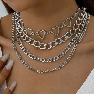 Layered Necklace For Women Silver Color Metal Hollow Heart Pendant Cuban Chain Hip Hop Punk Style Trendy Jewelry
