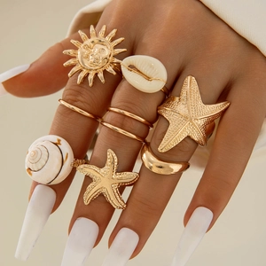 Bohemian Gold Color Alloy Ring Collection With Sea Star Shell Sun Pattern For Women Beach Vacation Accessory