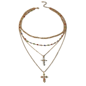 Multilayer gold cross necklace with colorful rhinestones and hip-hop metal chains