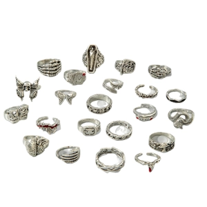 20pcs gothic ring set featuring skull, bat and snake designs in vintage silver finish