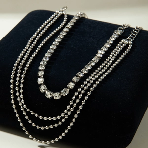 Close-up of multi-layer silver ball chain and sparkling crystal rhinestone anklet design
