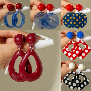 Vintage Acryl Geometrische Ohrringe Künstlerisch Marmoriert Rauchblau Rot Kontrastfarbe Punktmuster Statement Ohrringe Für Frauen