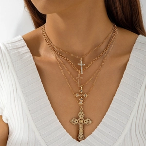 Mehrlagige Kreuz Anhänger Halskette Legierung Straß Hohl Vintage Goldton Schmuck Für Damen