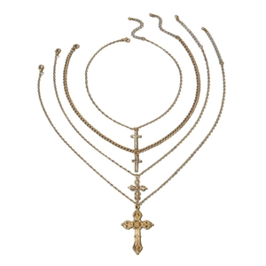 Lagenhalsketten-Set in Gold mit Kreuz-Anhängern, Strass und Hohlmuster-Design