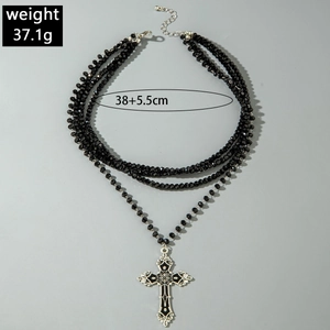 Punk style multi-layer black bead necklace with gothic silver cross pendant and Y-shape