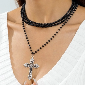 Gothic Cross Pendant Multi-layer Necklace Vintage Black Faceted Beads Copper Alloy Baroque Punk Style Jewelry For Women