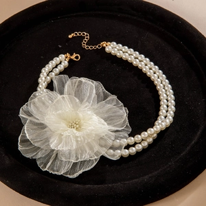 French vintage double-layer pearl necklace with oversized white organza flower detail