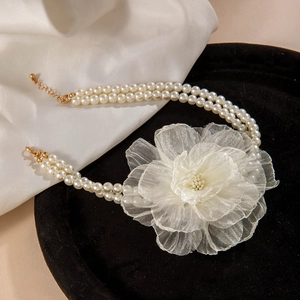 French vintage double-layer pearl necklace with a large white handmade fabric flower