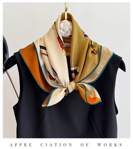 Silk wool square scarf with retro belt print and vibrant contrast stitching
