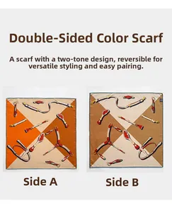 Detailed flat lay of silk wool square scarf with equestrian print and double-sided color contrast