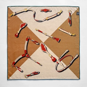 Silk square scarf with equestrian bridle print and contrast geometric patchwork design