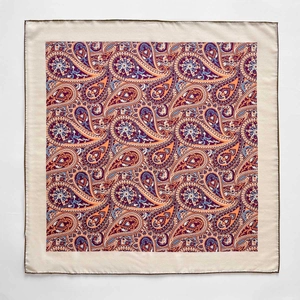 Square silk wool scarf with vintage paisley print and hand-rolled brown edges