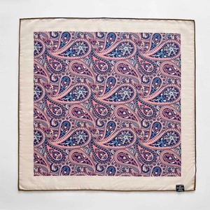 Vintage paisley print square scarf in pink and blue silk wool blend with hand-rolled edges