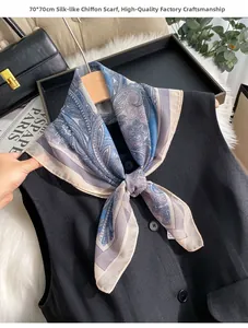 Detailed view of 70x70CM paisley print faux silk chiffon scarf tied on a vest