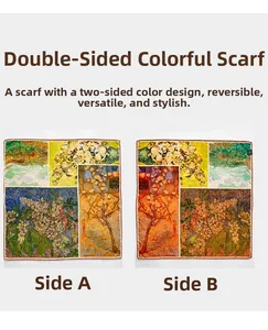 Artistic silk wool square scarf with double-sided oil painting print in blue and white