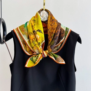 Silk wool scarf featuring Monet-style sunflower oil painting print in bright yellow