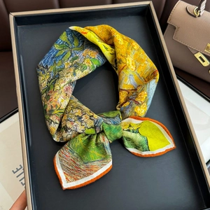 Artistic Monet oil painting silk wool scarf with floral print and elegant knotted style