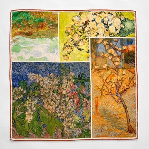 Artistic silk wool square scarf featuring Monet oil painting prints and orange rolled edges