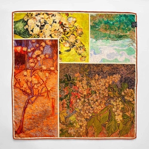 Silk wool square scarf featuring Monet and Van Gogh oil painting prints with orange hem