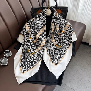 Large Square Scarf Polyester Satin Feel Geometric Greek Key Print Horsebit Chain French Vintage Elegant Women Wrap