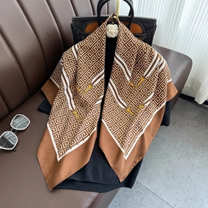 Classic chain and Greek Key pattern silk square scarf in caramel brown and white