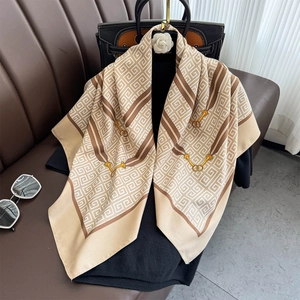 Large silk square scarf with vintage chain print and horsebit pattern in beige tones